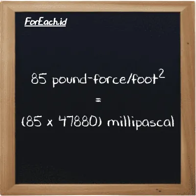 How to convert pound-force/foot<sup>2</sup> to millipascal: 85 pound-force/foot<sup>2</sup> (lbf/ft<sup>2</sup>) is equivalent to 85 times 47880 millipascal (mPa)